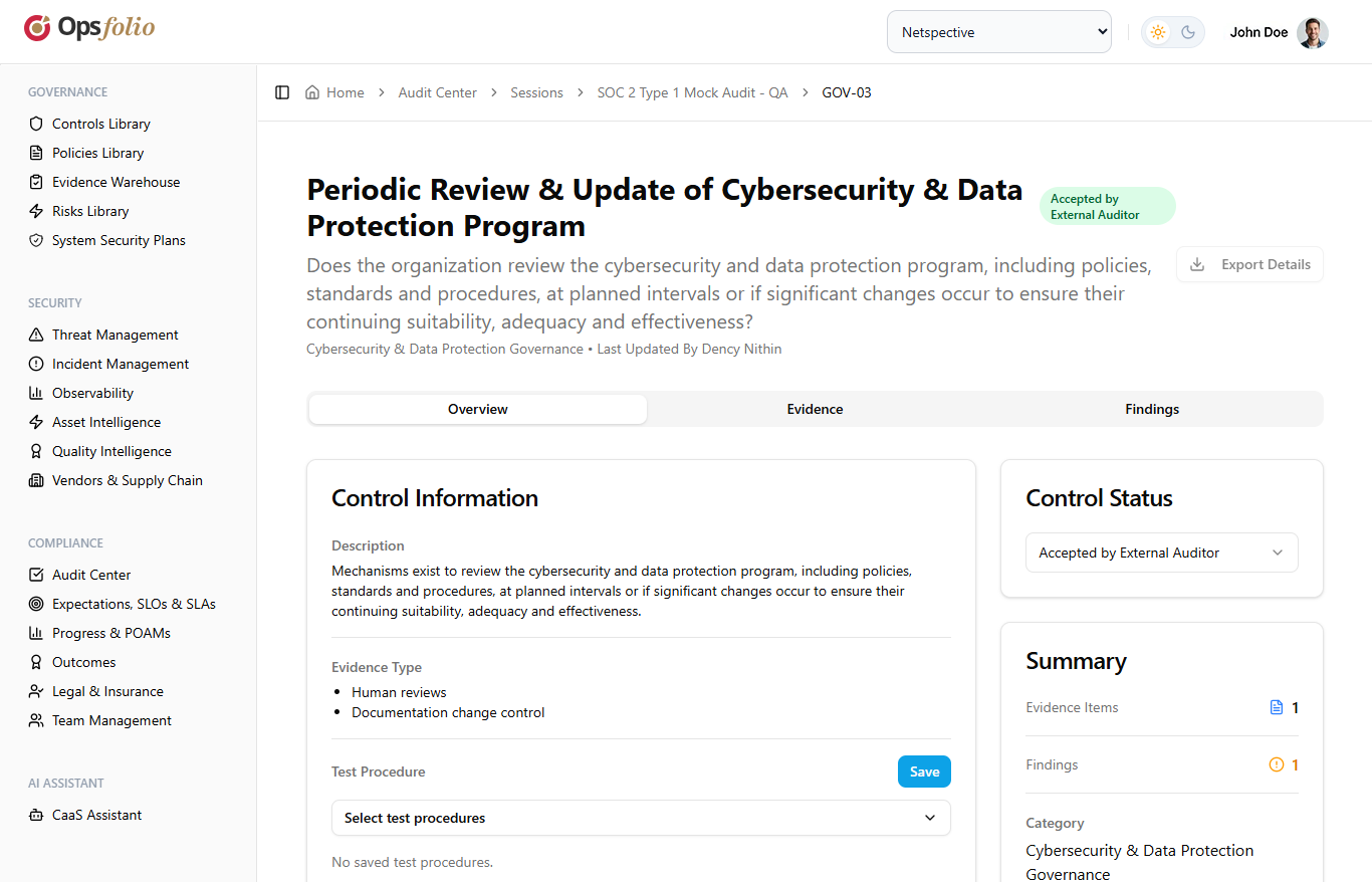 Control detail view showing description, evidence type, test procedures, and auditor acceptance status