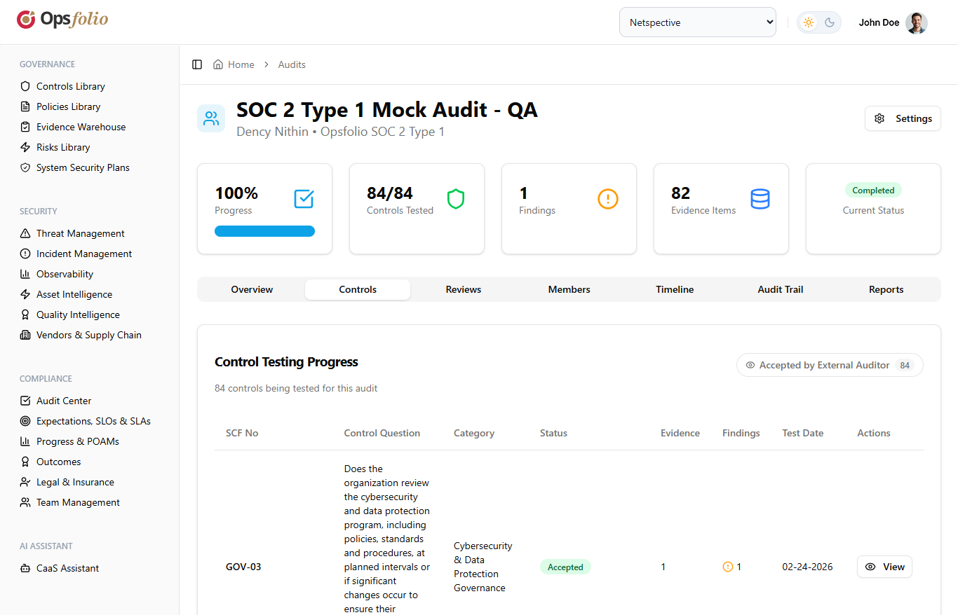 Control testing progress view showing 84 controls with SCF numbers, categories, status, evidence counts, and test dates
