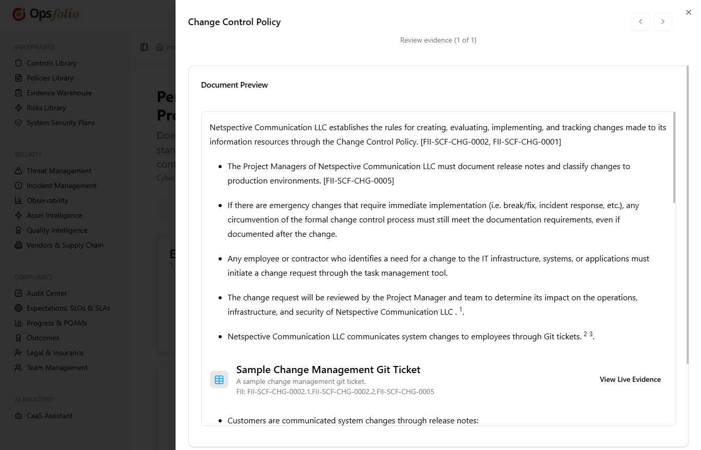 Document preview showing Change Control Policy with inline evidence references and live evidence links