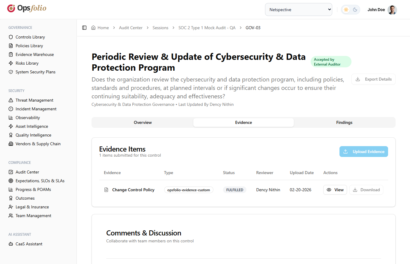 Evidence tab showing submitted evidence items with type, status, reviewer, upload date, and action buttons