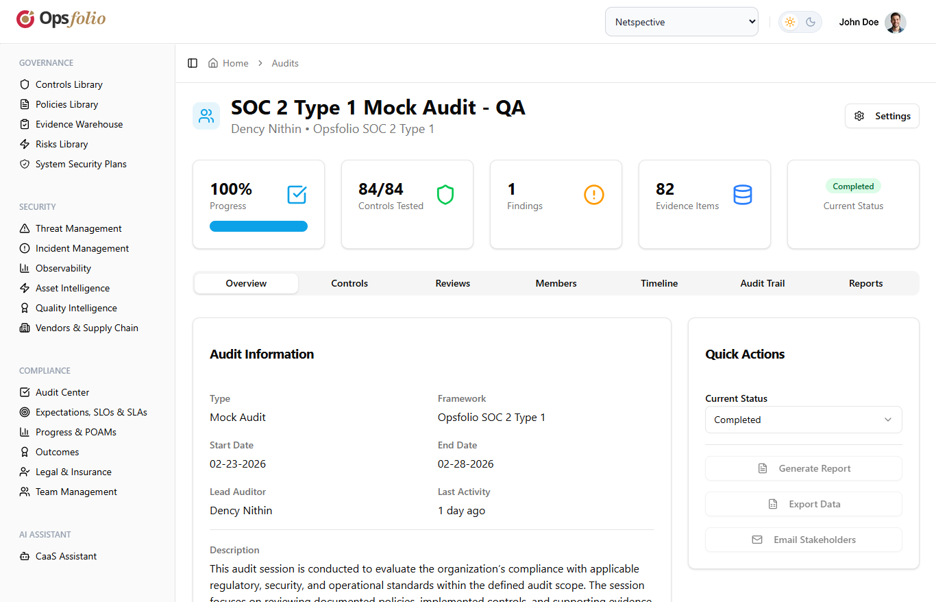 SOC 2 Type 1 Mock Audit overview showing 100% progress, 84/84 controls tested, 1 finding, and 82 evidence items
