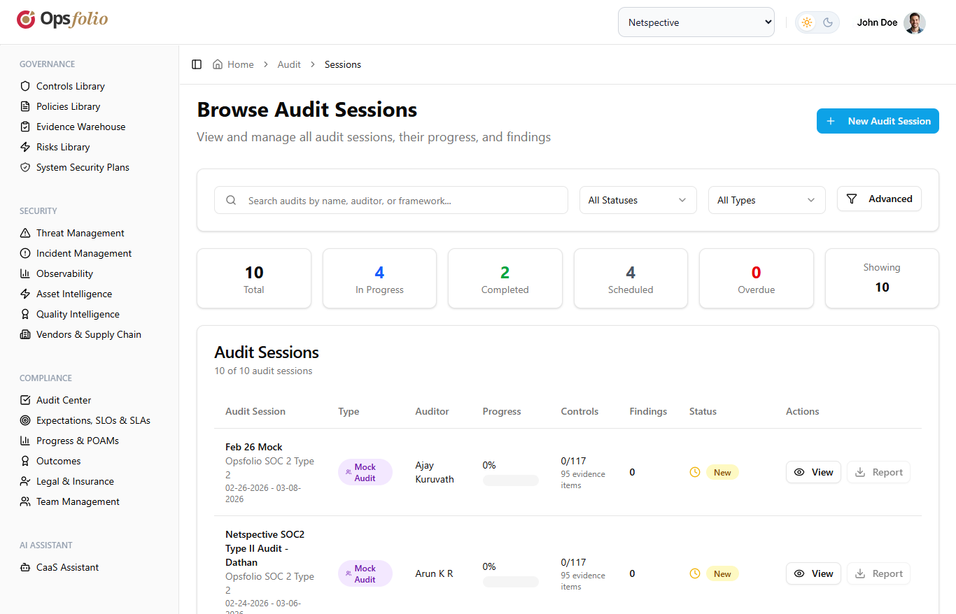 Opsfolio Audit Center showing 10 audit sessions with status filters, progress tracking, and audit type badges