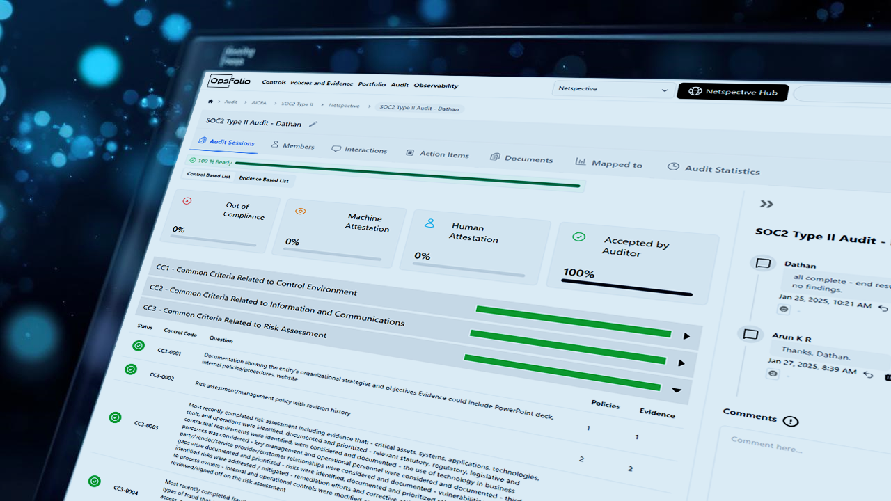 Opsfolio compliance dashboard showing real-time compliance status, automated evidence collection, and control tracking for CTOs & tech leaders