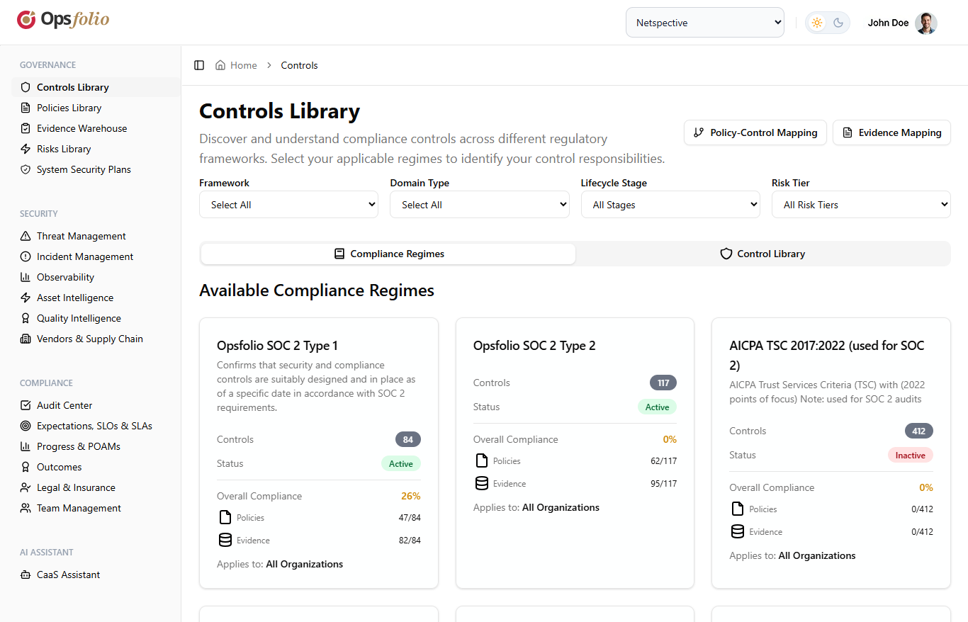 Opsfolio Controls Library showing compliance regimes including SOC 2 Type 1, SOC 2 Type 2, and AICPA TSC with control counts, compliance status, and policy/evidence mapping