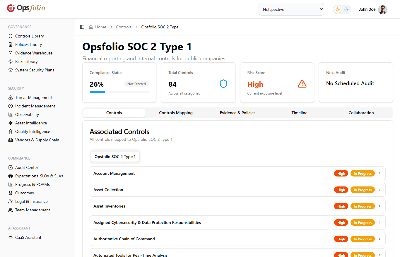 Opsfolio SOC 2 Type 1 detail view showing 26% compliance status, 84 total controls, high risk score, and associated controls list with priority and status badges