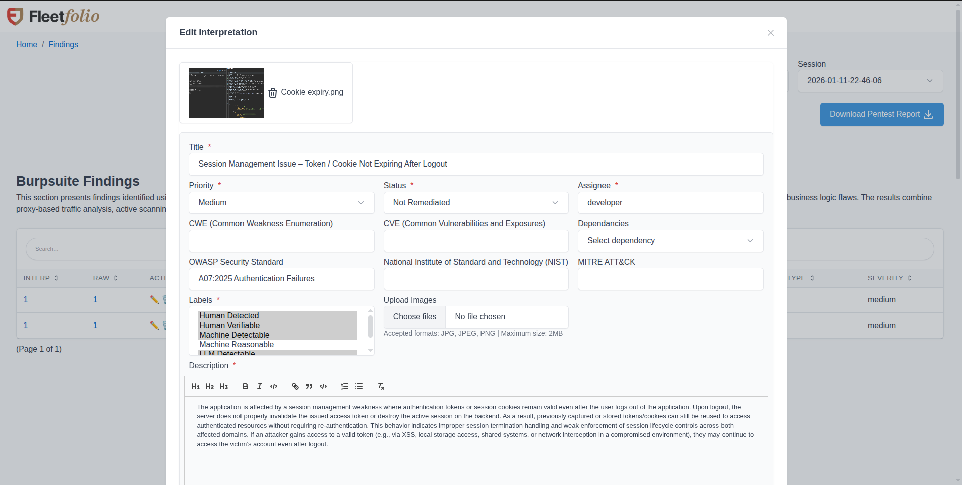 Fleetfolio Edit Interpretation modal with fields for title, priority, status, assignee, CWE, CVE, dependencies, OWASP standard, NIST, MITRE ATT&CK, labels, and rich text description
