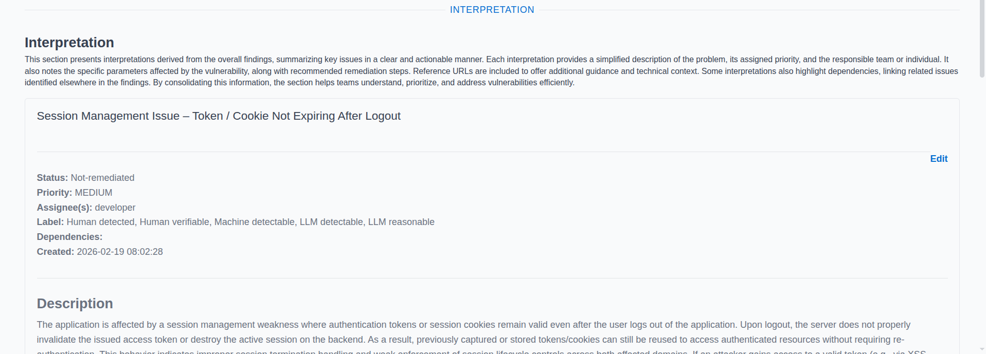 Fleetfolio Interpretation detail view showing status, priority, assignee, labels, dependencies, and creation date for a Session Management Issue finding