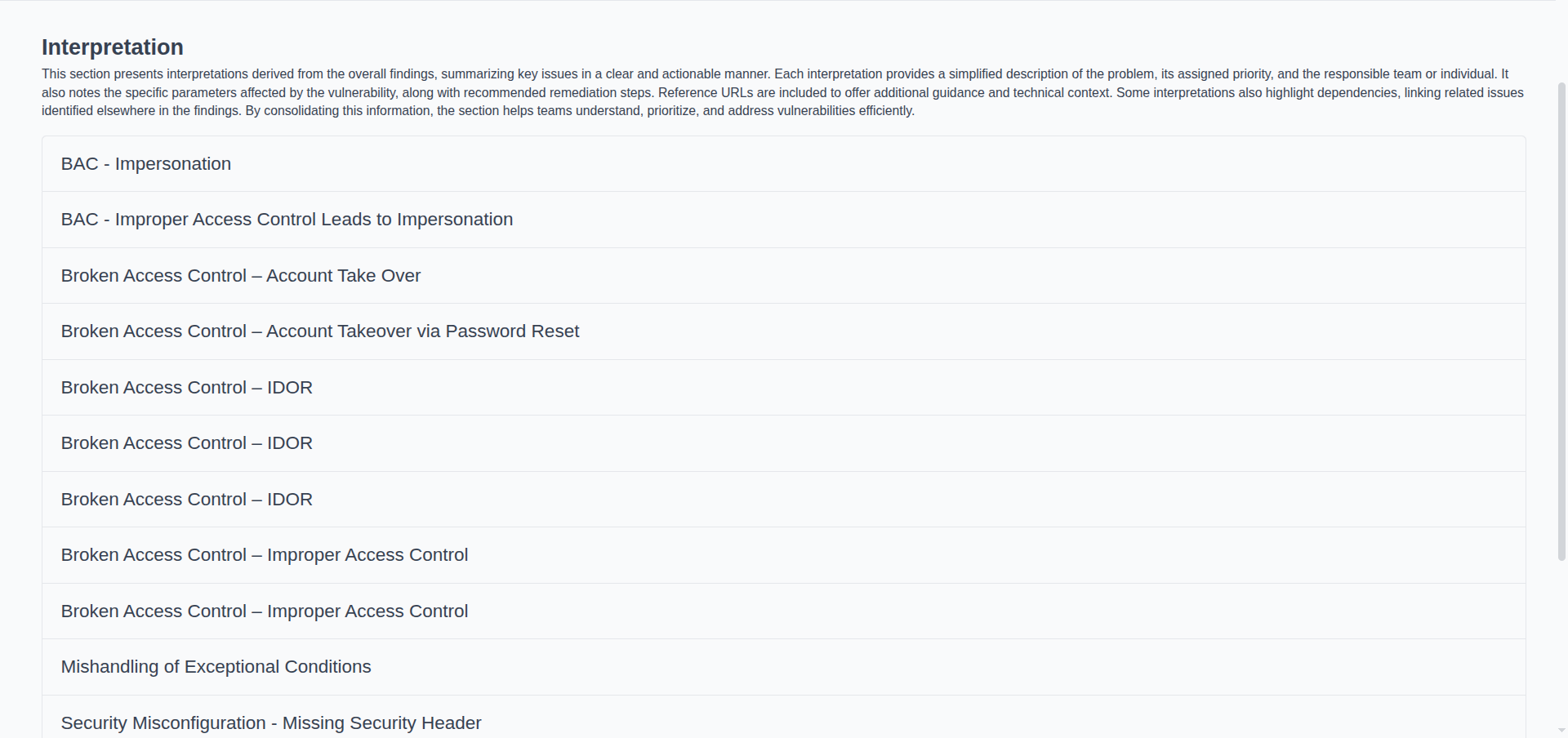 Fleetfolio Interpretation list showing categorized vulnerability findings including Broken Access Control, BAC Impersonation, IDOR, Security Misconfiguration, and more