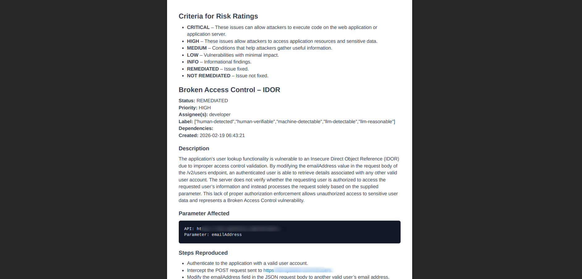 Fleetfolio pentest report showing risk rating criteria, finding details for Broken Access Control IDOR with status, priority, assignee, labels, description, affected parameters, and steps to reproduce