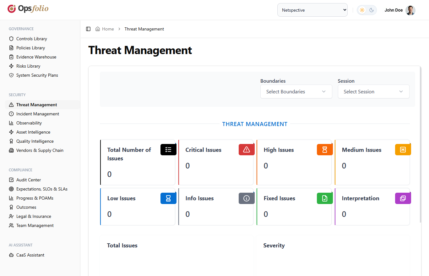 Opsfolio Threat Management dashboard showing issue severity breakdown with critical, high, medium, low, and info categories alongside fixed issues and interpretation metrics
